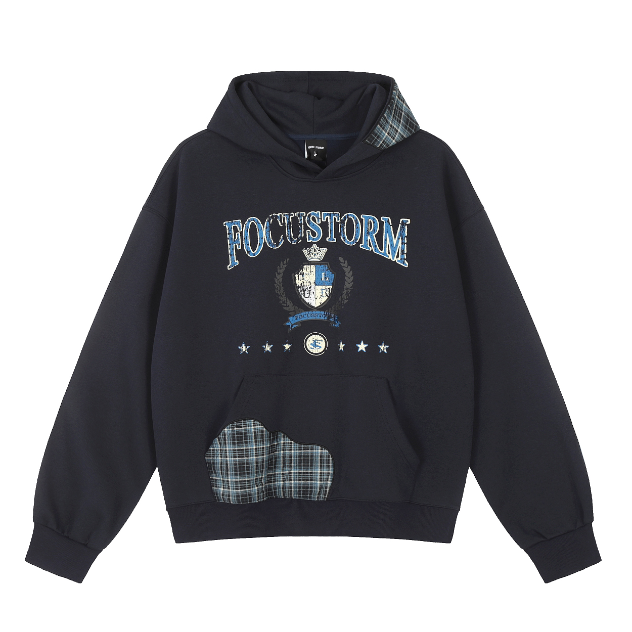 Focus Storm American Vintage Plaid Patchwork High-End Loose Slimming Hoodie 85507# zx - Focus Storm